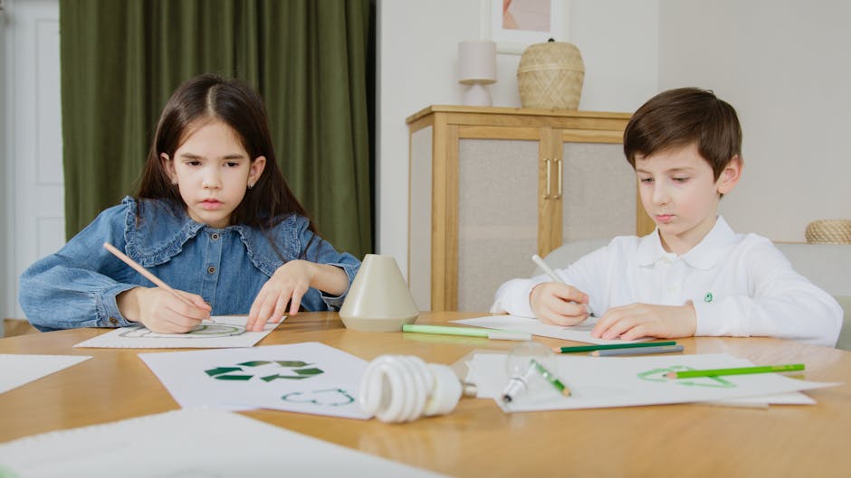 Two children drawing indoors, illustrating creativity and eco-awareness with recycling symbols.